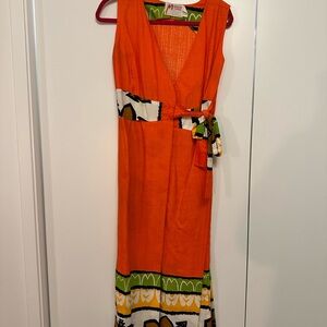 Vintage Malihini Orange Sleeveless Wrap Dress with Patterned Hem